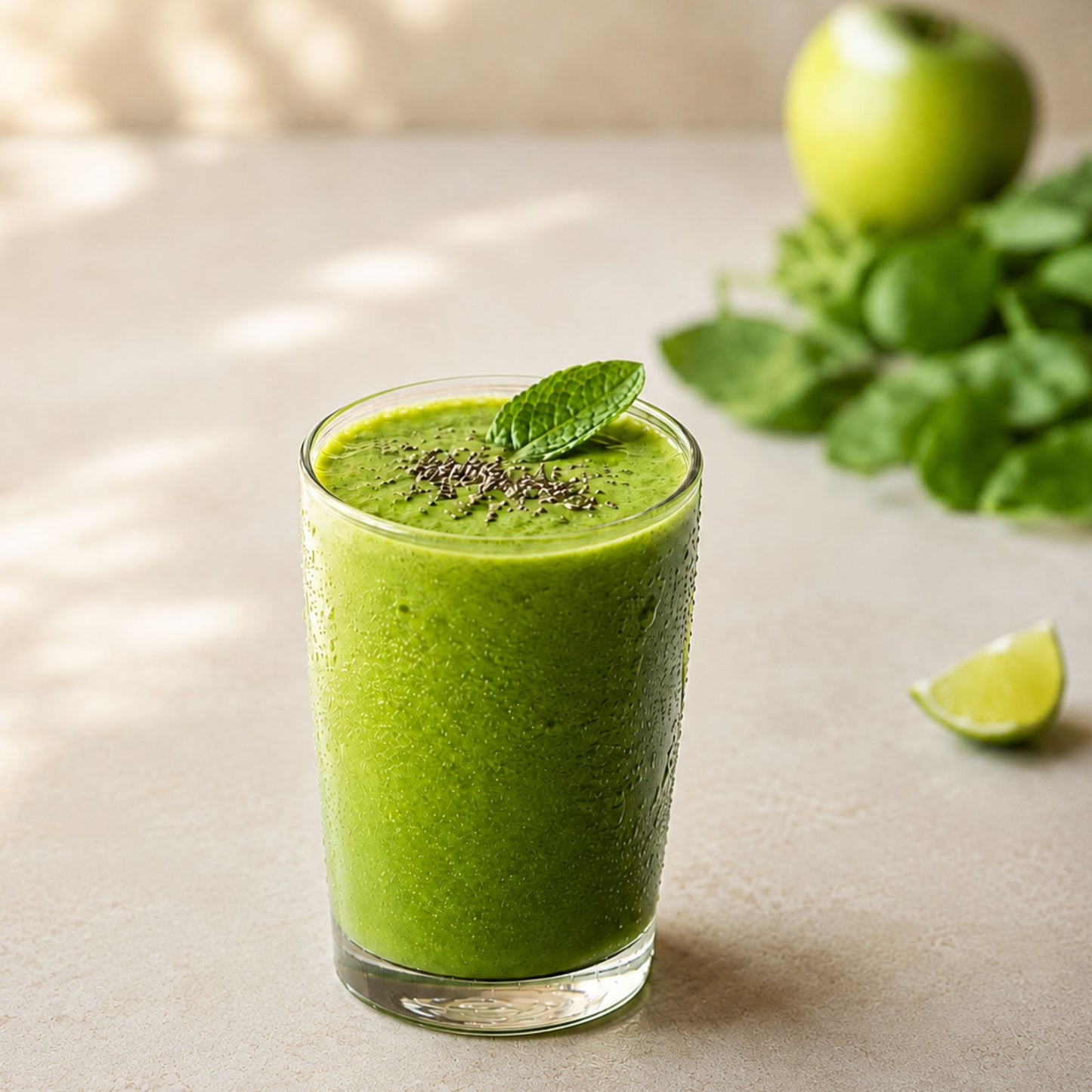 A green smoothie in a clear glass with a mint leaf and chia seeds on top, set on a light beige surface with a blurred apple, mint leaves, and lime wedge in the background.