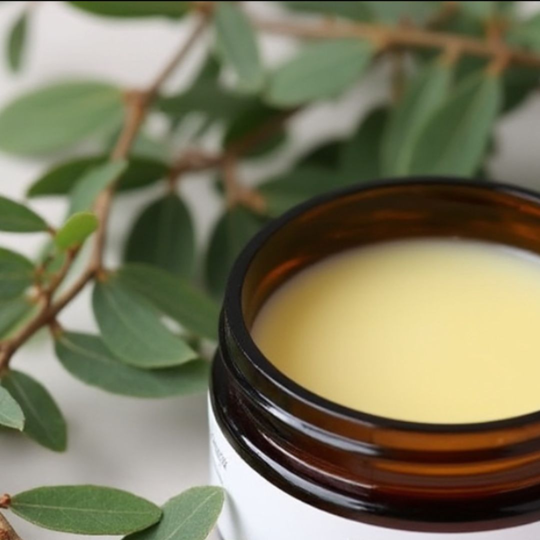 Olive Farmacy's Chest Rub pictured with Eucalyptus Leaves