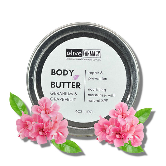 Olive Farmacy Olive Oil Body Butter made with pure geranium essential oil and pure grapefruit essential oil