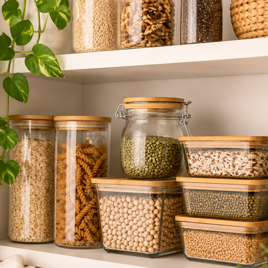 Pantry shelf with glass storage containers. 