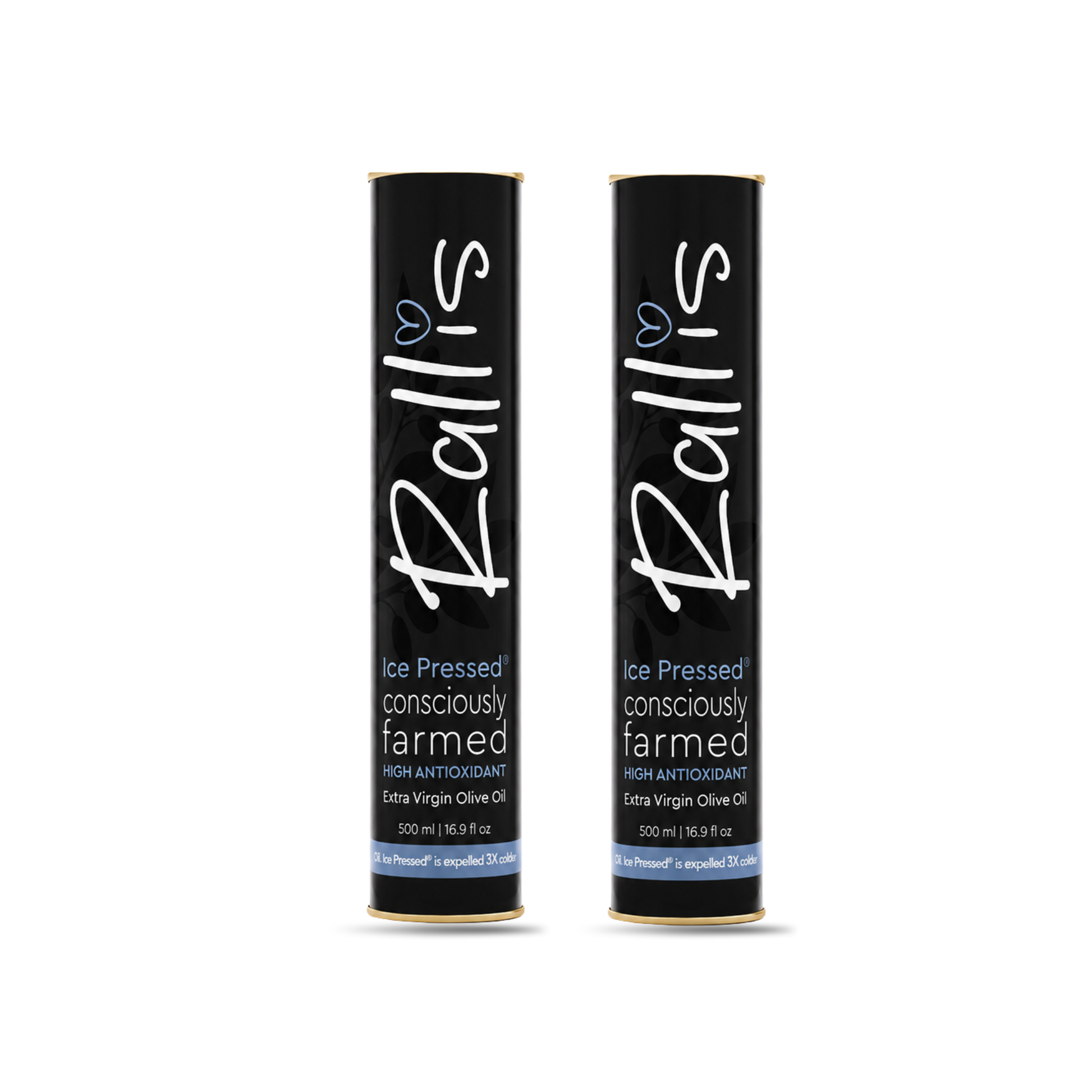 Two black cylindrical tubes of Rallis Ice Pressed Consciously Farmed Extra Virgin Olive Oil on a white background.