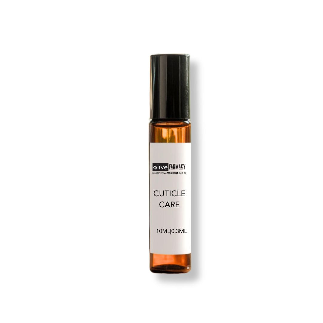 Cuticle and Nail Care From Olive Farmacy packaged in an amber 10ml roll on bottle