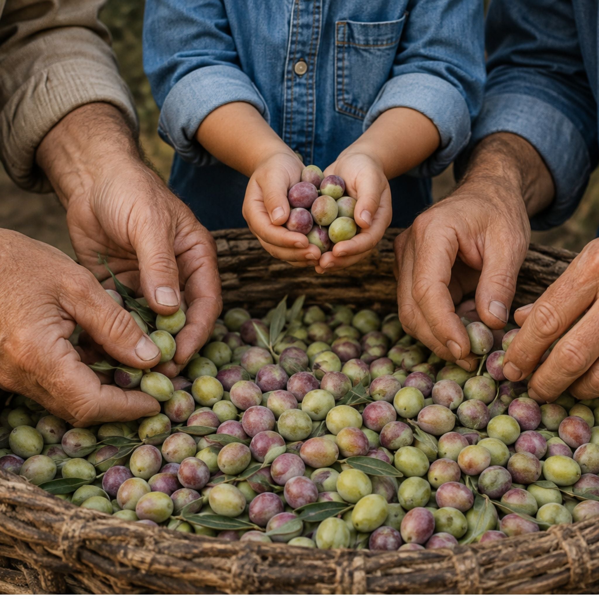 A close-up of a rustic woven basket filled with green and purple olives, with multiple hands reaching in to pick the olives. A child in a blue denim shirt is visible from the shoulders down, standing alongside adults.