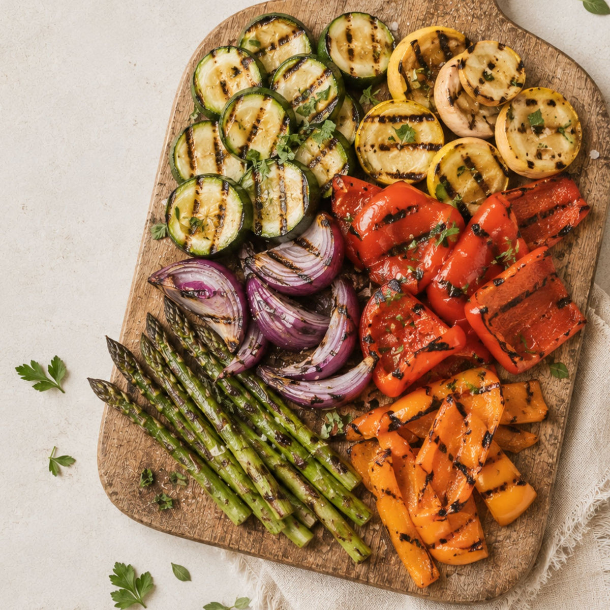 Grilled vegetables on a wooden serving board, including sliced zucchini, yellow squash, red onion, red bell pepper, orange sweet potato, and asparagus, with herbs scattered around on a light surface.