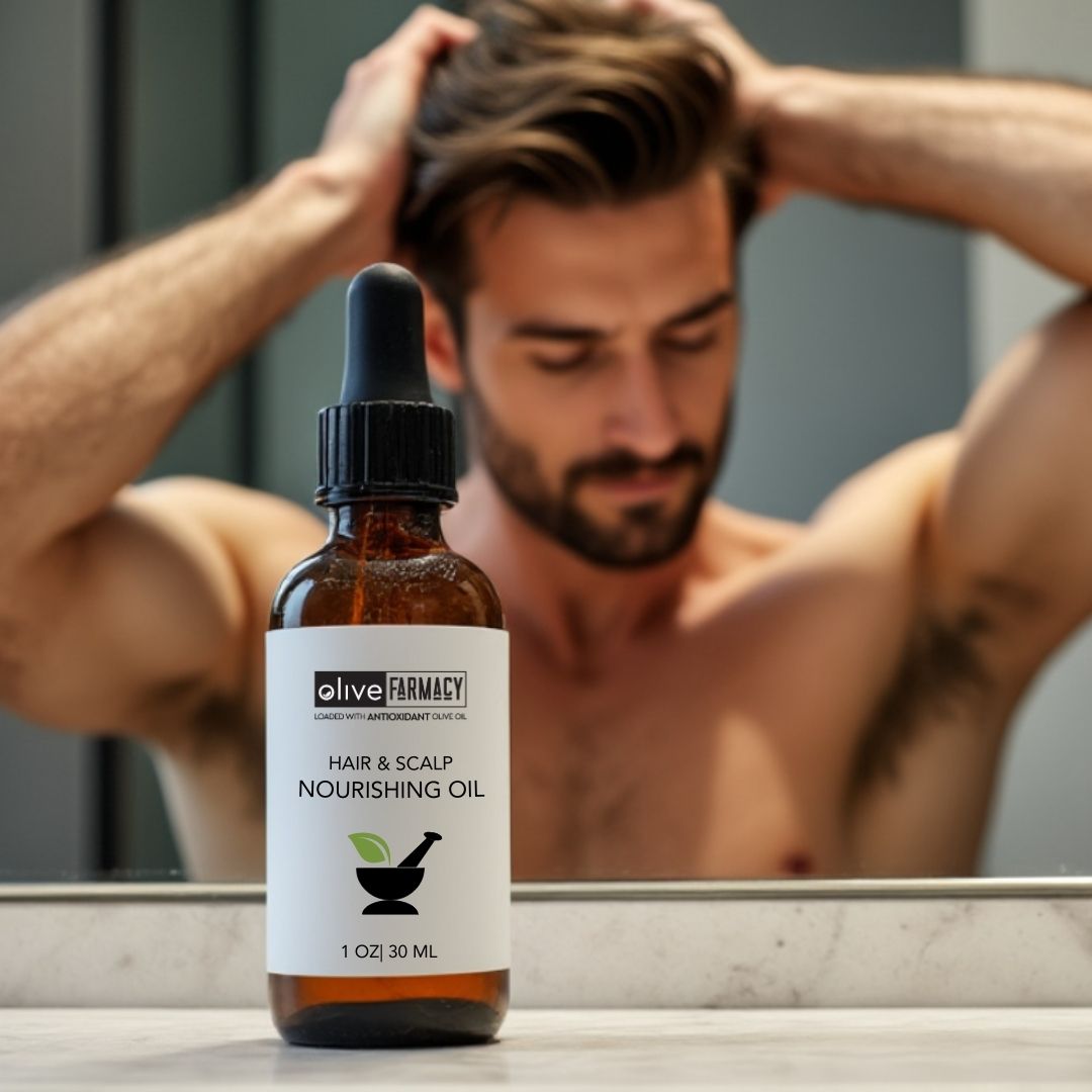 Man using Olive Farmacy's Hair Oil