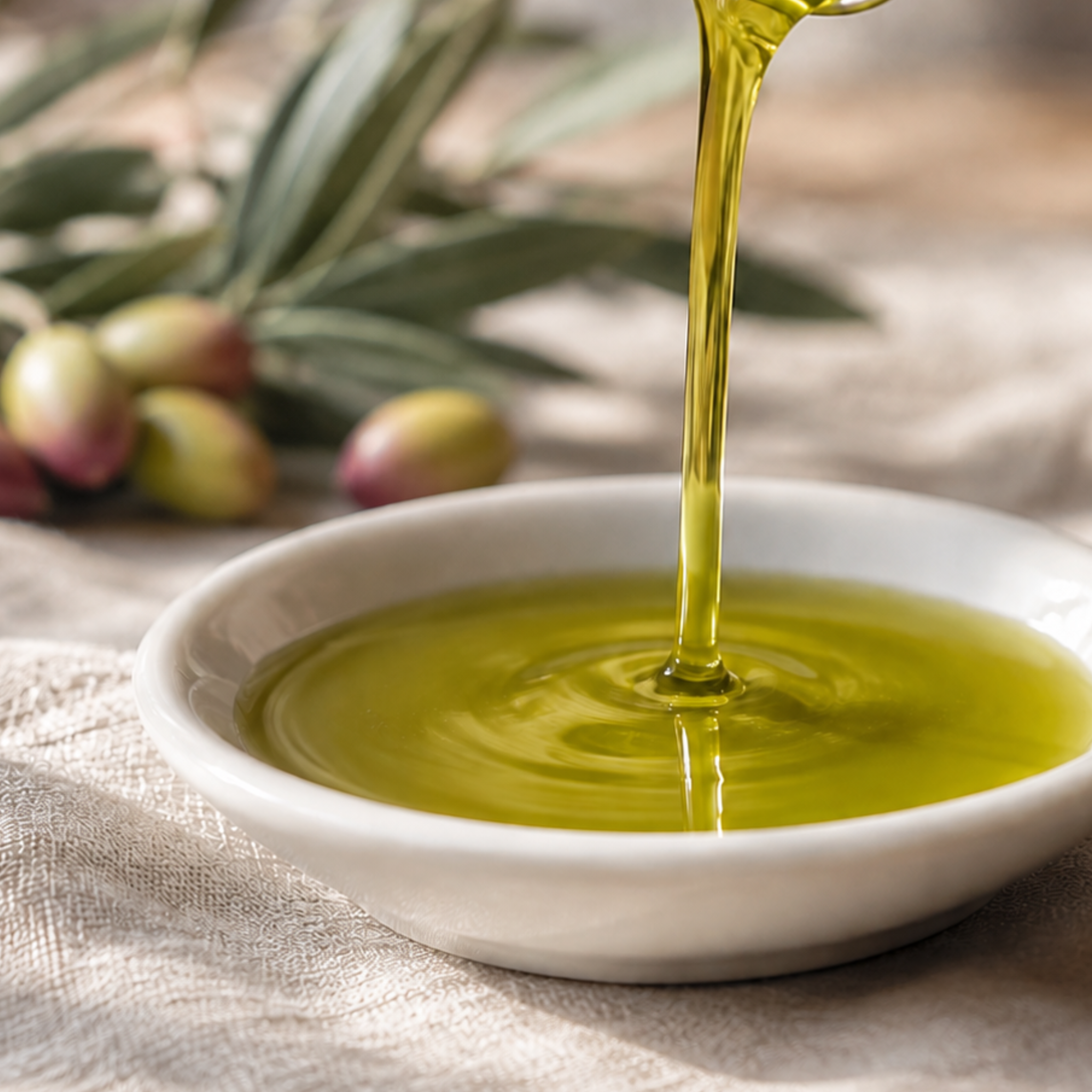 Olive oil being poured into a small white ceramic bowl, with olive branches and olives blurred in the background on a textured fabric surface.