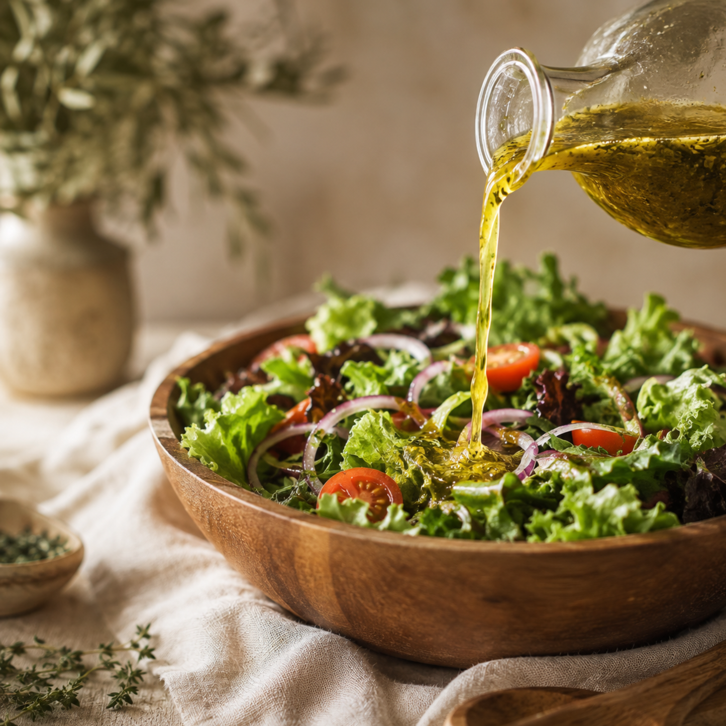 A wooden bowl filled with mixed green salad, including lettuce, red onion, and cherry tomatoes, with golden olive oil being poured from a glass bottle. The bowl sits on a textured beige cloth with a rustic background.