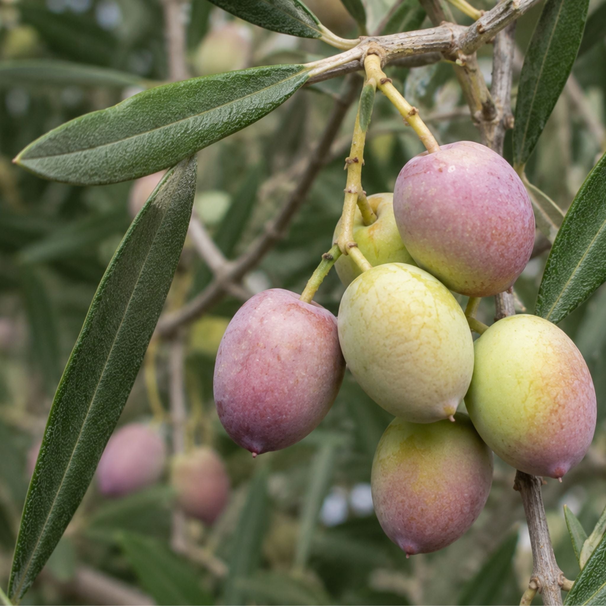 A close-up of olive branches with clusters of green and pinkish-purple olives hanging from the tree.