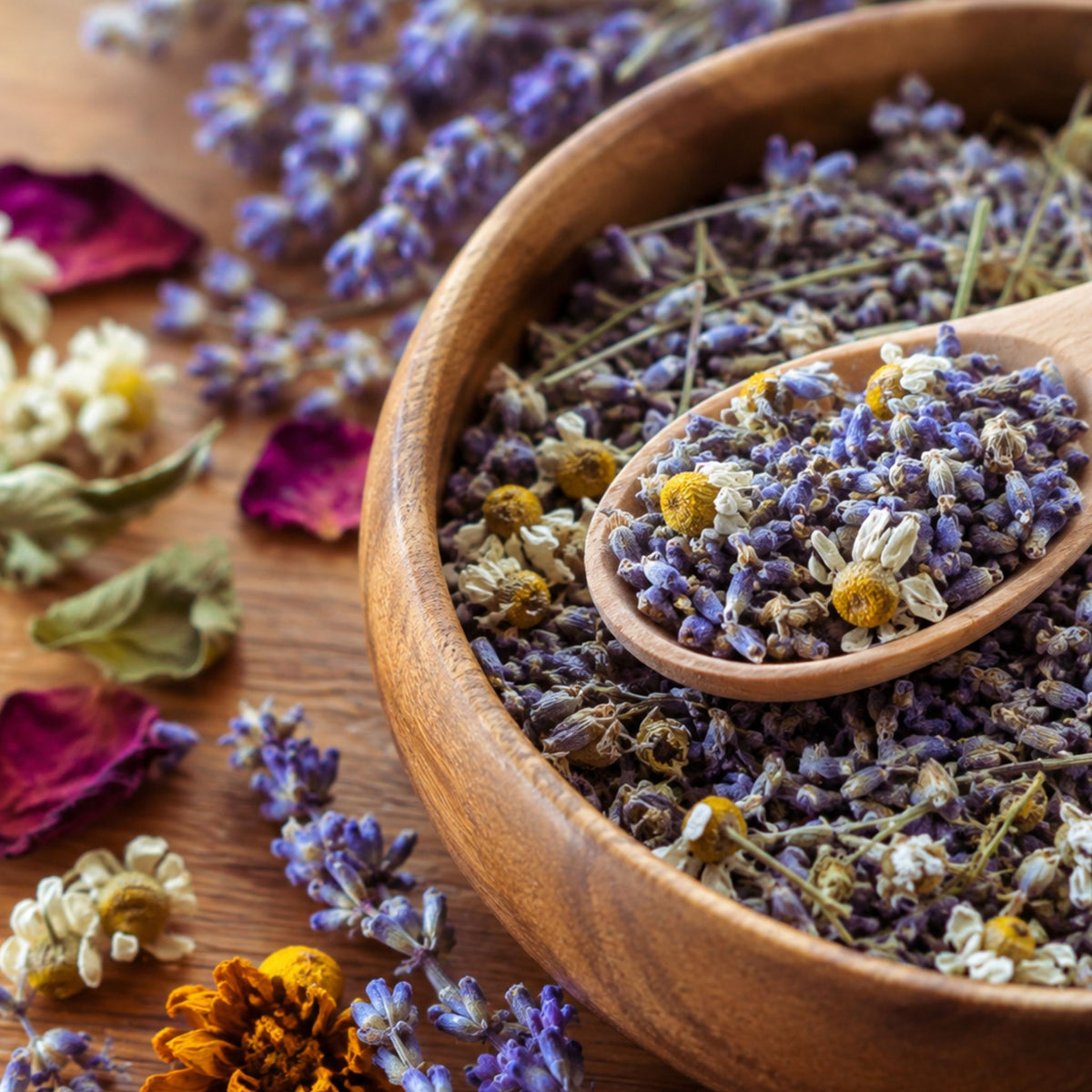 A wooden bowl filled with dried lavender flowers and a wooden spoon holding a mix of purple lavender buds and small yellow chamomile-like flowers, arranged on a wooden surface with scattered dried flowers around it.