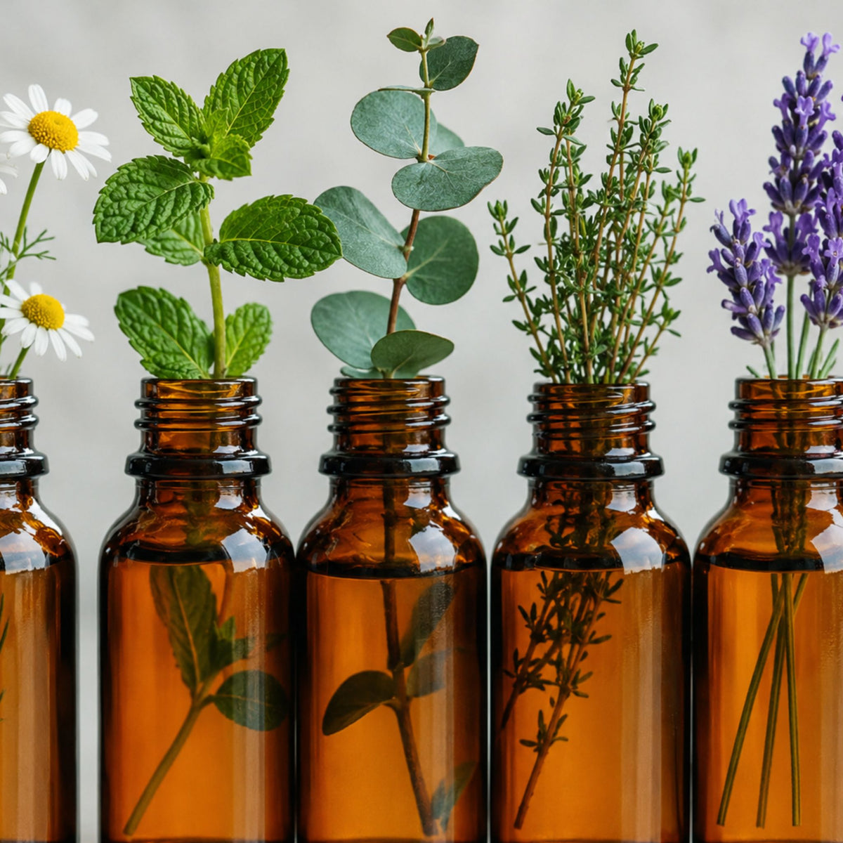 Amber glass apothecary bottles filled with water and botanicals, including mint, eucalyptus, thyme, lavender, and daisies, arranged against a light gray background.