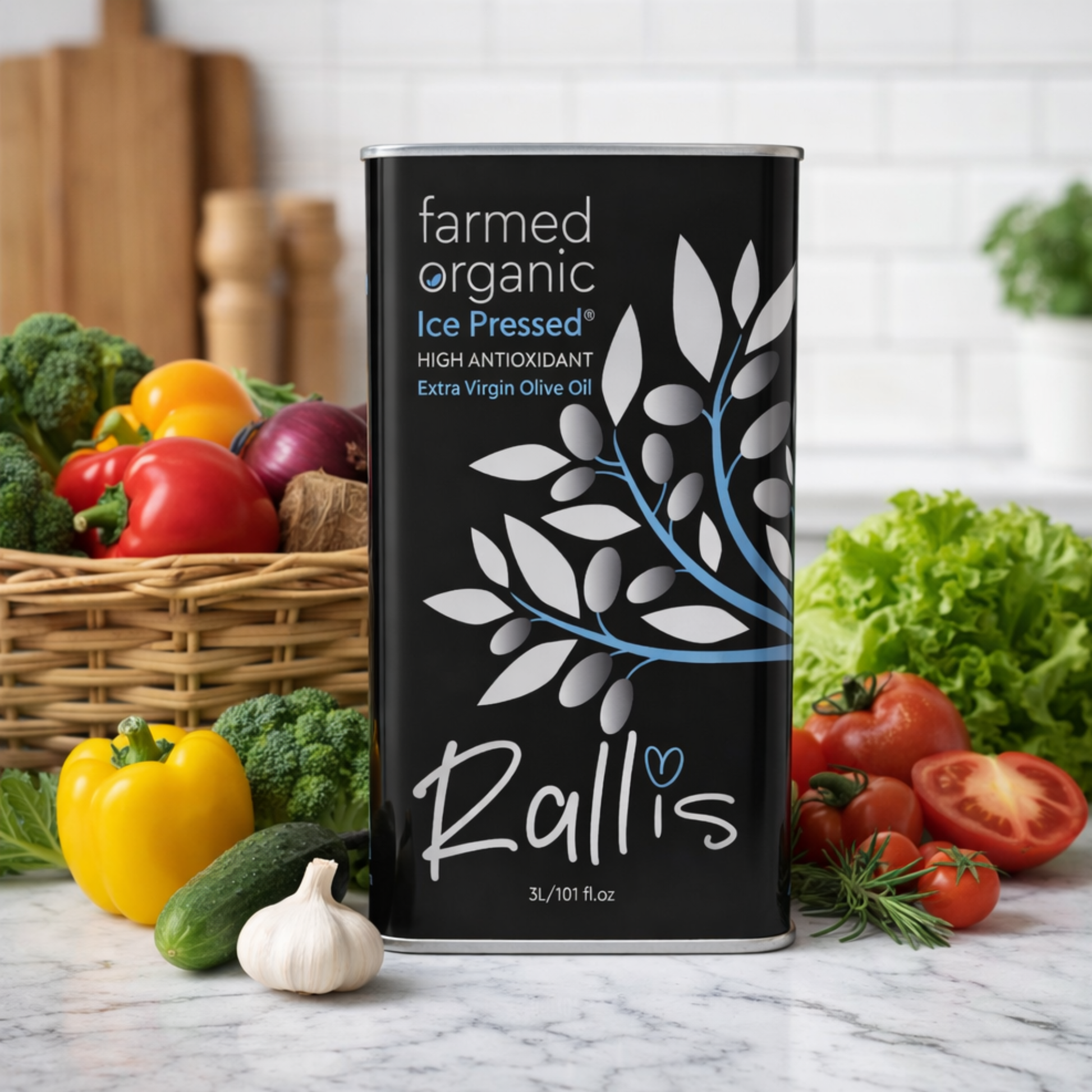 Rallis organic olive oil can with fresh vegetables on a marble surface