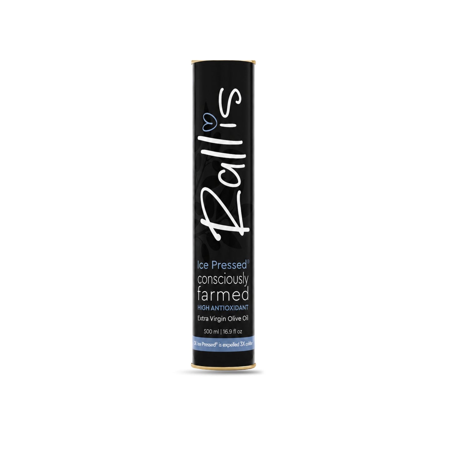 Tin of Rallis Ice Pressed Olive Oil on a white background. 