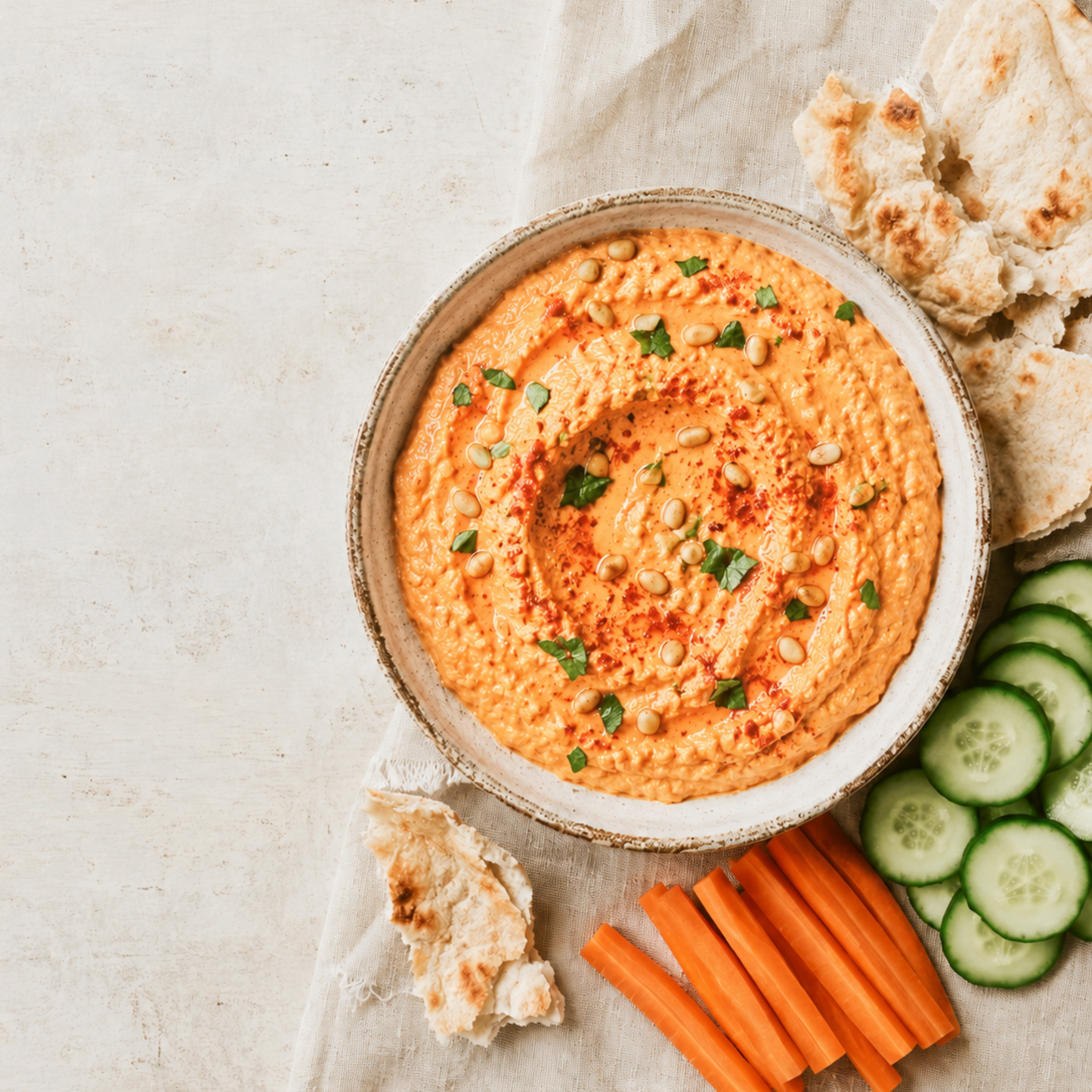 A bowl of thick orange-hued hummus dip with visible herbs, seeds, and red seasoning, served with pita bread, carrot sticks, and cucumber slices on a light neutral surface.