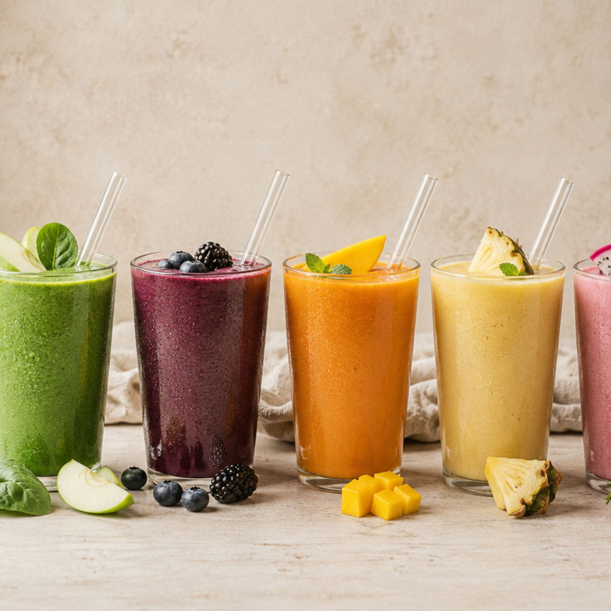Six tall clear glasses filled with colorful smoothies in different berry and fruit flavors, arranged on a light wood surface with sliced fruit and straws against a soft beige background.