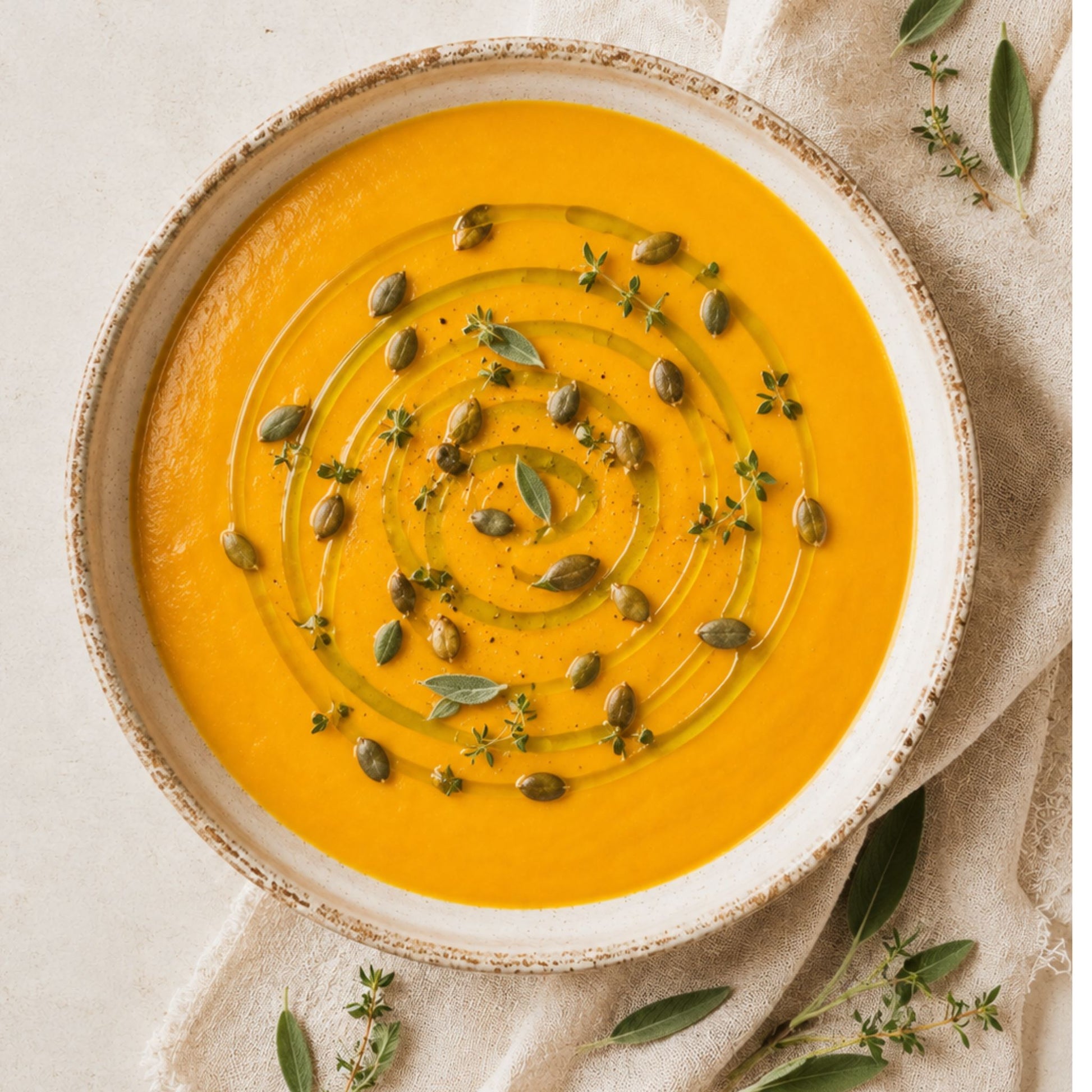 A top-down view of a bowl of thick, creamy orange soup, likely pumpkin or butternut, garnished with a swirl of oil, seeds, and herbs, served on a textured beige cloth.