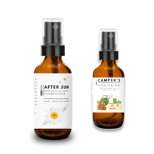 Two brown glass bottles with labels on a white background