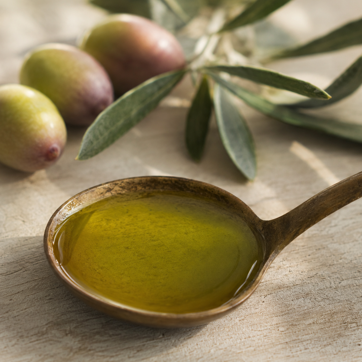 A wooden spoon filled with golden olive oil on a rustic wooden surface, with green olives and olive leaves blurred in the background.